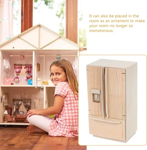 Vista 7 de BESPORTBLE Miniatura de madera de casa de muñecas nevera sin pintar Mini modelo de nevera para casa de muñecas Cocina Escena Decoración Refrigerador