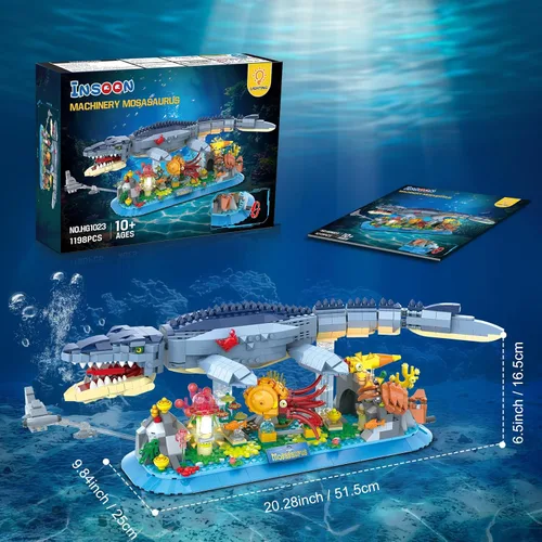 Vista 9 de INSOON Juego de Construcción de Mosasaurus con Luz LED, 1219 Piezas de Bloques de Construcción Movibles de Animales Oceánicos con Nautilus, Medusas