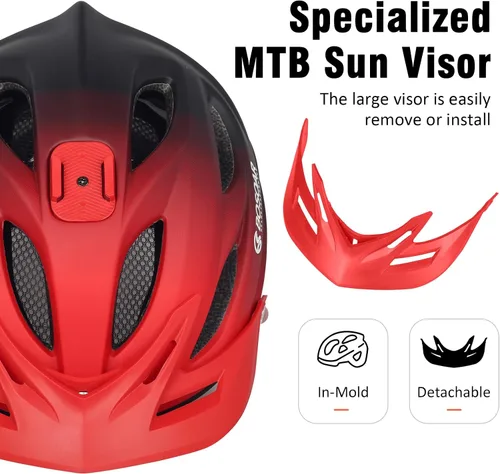 Vista 5 de Casco de bicicleta de montaña Bosoar, casco de ciclismo para adultos con soporte para cámara y visera desmontable para hombres, mujeres y jóvenes