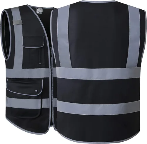 Vista 4 de Chalecos de seguridad reflectantes clase 2 retro con 9 bolsillos y cremallera frontal ANSI/ISEA 107-2015 (Negro-03, S)