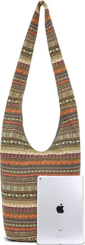 Vista 6 de Bolsa de hombro para mujer, de lona en estilo hippiebohemio para llevar cruzada al hombro, disponible en diferentes colores y estampados