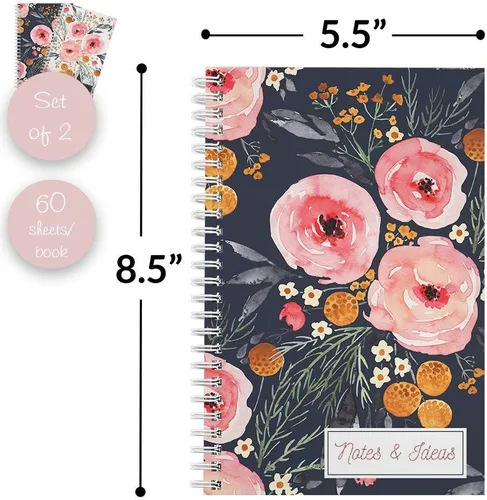 Vista 4 de Gotcha Covered Notebooks Mountain Floral: Juego de 2 cuadernos de espiral encuadernados con alambre. Dos diseños elegantes con 120 papeles con rayas