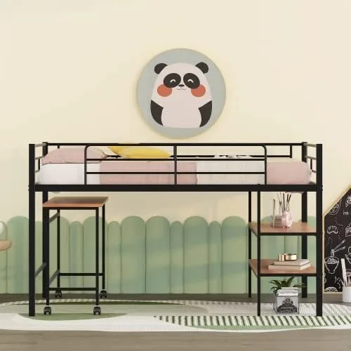 Vista 7 de anwickjeff Moderna cama baja tipo loft tamaño individual con escritorio y 2 estantes de almacenamiento para niños y adultos, marco de cama de metal