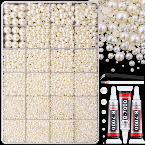 Vista 21 de BELLEBOOST 5600 piezas ABS Perlas Beige Redondas con Parte Posterior Plana con Herramientas de Recolección para Arte de Uñas, Decoración Facial
