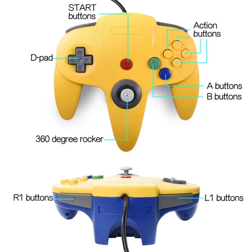 Vista 5 de Classic N64 Controller, miadore Rerto N64 Gaming Remote Gamepad Joystick for N64 Console Video Game System ( Yellow and Blue)