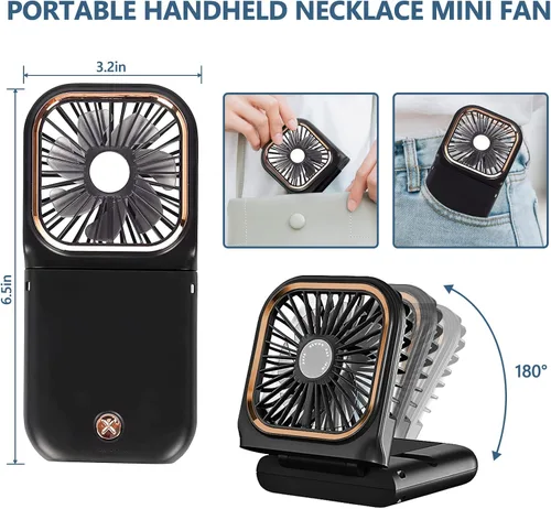 Vista 2 de Ventilador de mano portátil con soporte para teléfono, fuente de alimentación de 3000 mAh, ventilador de cuello recargable USB, ventilador pequeño