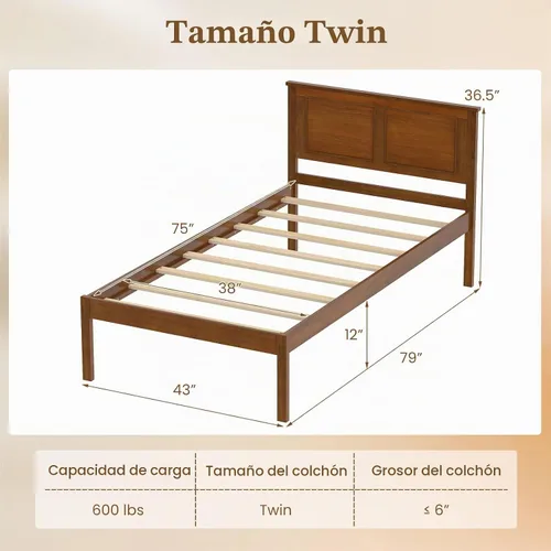 Vista 2 de GIANTEX Marco de cama de madera individual con cabecero, plataforma moderna de mediados de siglo con soporte de listones de madera, base de colchón