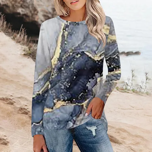 Vista 5 de Camisetas de otoño para mujer, talla grande, con estampado holgado, manga larga, cuello redondo, camisetas