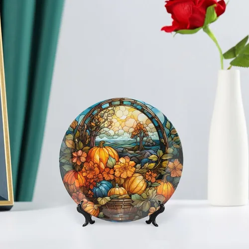 Vista 6 de Plato de cosecha de otoño de calabaza para decoración de pared de oficina en casa, plato decorativo con soporte de exhibición, adorno de cerámica