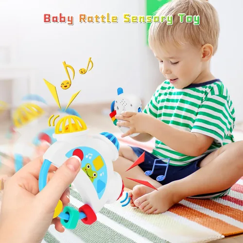 Vista 5 de Juguetes sensoriales para bebés – 5 piezas de sonajero para bebé, juguetes de dentición con música, juguetes Montessori para bebés recién nacidos