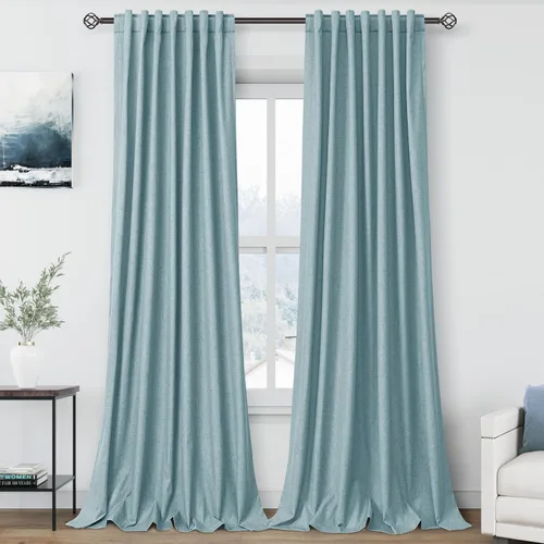 Vista 26 de Nanspring Cortinas de lino 100% opacas para dormitorio, 96 pulgadas de largo, con pestaña trasera, bolsillo para barra, aislamiento térmico, cortina