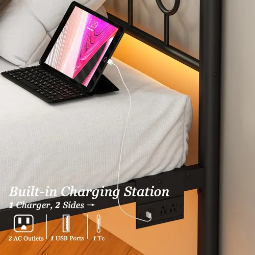 Vista 3 de Jenmit Bases de cama individuales con cabecero, estructura de cama LED con estación de carga, plataforma de metal, almacenamiento bajo la cama,
