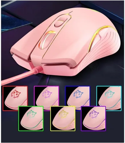 Vista 5 de CORN Ratón USB con cable para juegos, 2400 DPI, 4 niveles ajustables, mouse ergonómico para PC/computadora de escritorio/portátil, gato rosa