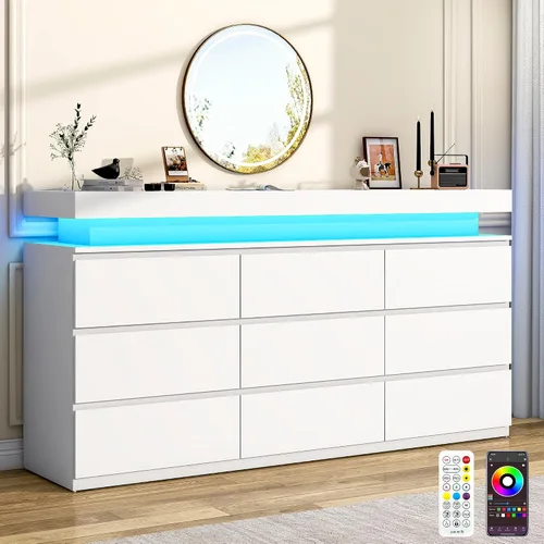 Vista 10 de chartustriable Cómoda de 9 cajones para dormitorio, cómoda blanca con luces LED, cómoda moderna para armario, armario organizador de cajones de 63