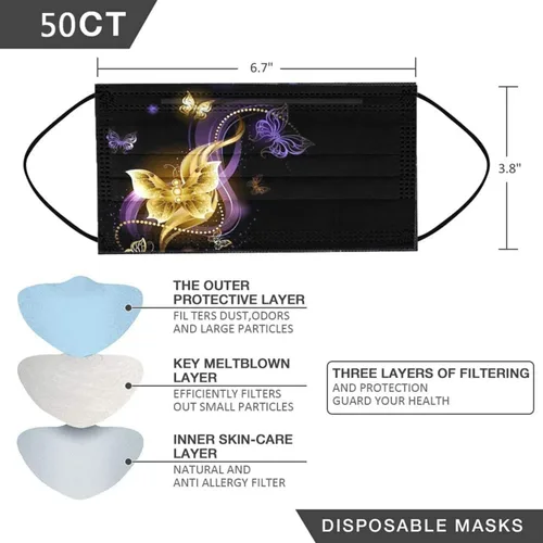 Vista 2 de 50 cubrebocas desechables de mariposa para mujeres, 3 capas para adultos, máscara de mariposa negra con diseño floral, máscara facial a la moda
