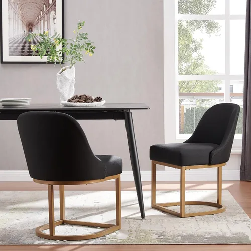 Vista 12 de Leick Home 214536 Barrelback Silla de comedor con base de metal, juego de 2, para comedor, asiento moderno de lino negro y base de metal dorado