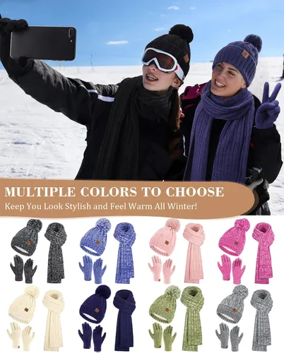 Vista 5 de Womens Winter Warm Beanie Hat Touchscreen Gloves Long Scarf Set Rib Cable Knit Fleece Lined Skull Pom Caps
