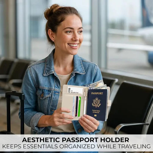 Vista 3 de Hermoso soporte para pasaporte para viajes, bonita funda con soporte para bolígrafo para mantener tus documentos de viaje organizados y seguros