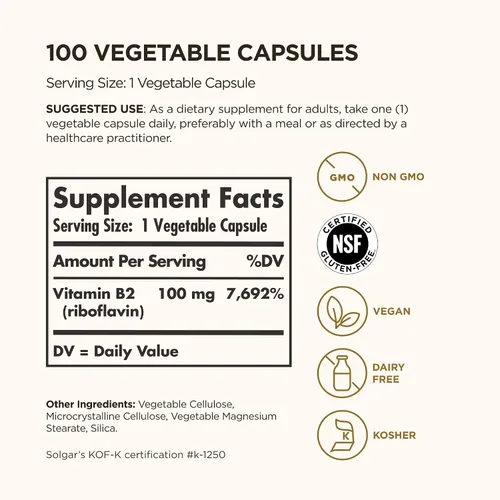 Vista 2 de Solgar Vitamina B2 (riboflavina) 100 mg, 100 cápsulas vegetales - Metabolismo energético, sistema nervioso saludable - Sin OMG, vegano, sin gluten
