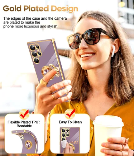 Vista 6 de LeYi Funda para Galaxy S22 Ultra: Soporte de Anillo Giratorio 360°, Soporte Magnético con Patilla, Borde Protector Chapado en Oro Rosa para Funda