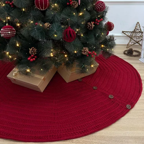Vista 9 de Falda de árbol de Navidad de punto acanalado de 36 pulgadas con botones de roble, borgoña