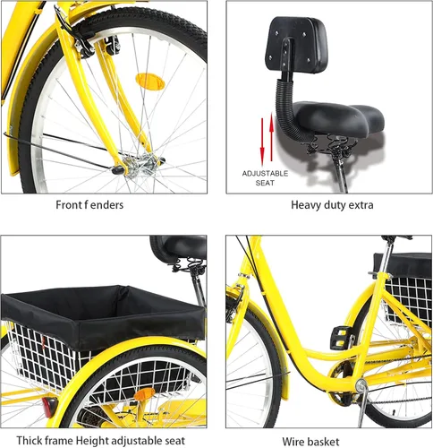 Vista 6 de Triciclo para adultos de 24/26 pulgadas, 7 velocidades, triciclos de montaña de 3 ruedas, bicicletas de tres ruedas con cesta y asiento de respaldo