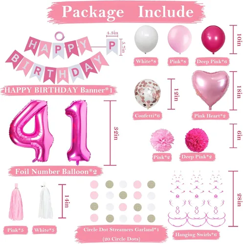 Vista 2 de Decoraciones de cumpleaños número 41 para mujer, globos rosas y blancos, suministros de fiesta que incluyen pancarta de feliz cumpleaños, globos