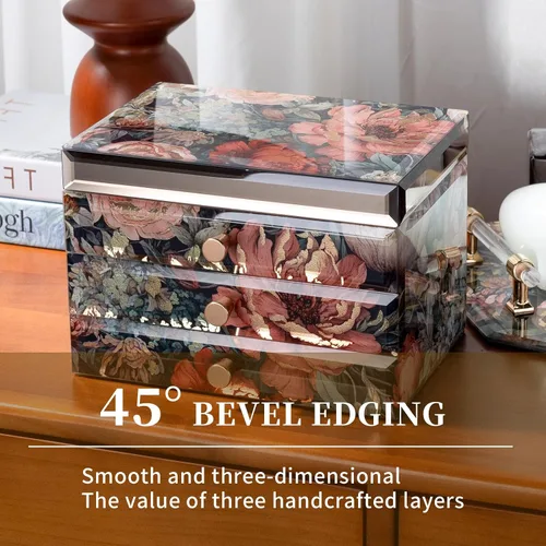 Vista 5 de Joyero de cristal con patrón floral, organizador de joyas de 3 niveles para mujeres y niñas, cajas decorativas de regalo de joyería, organizador