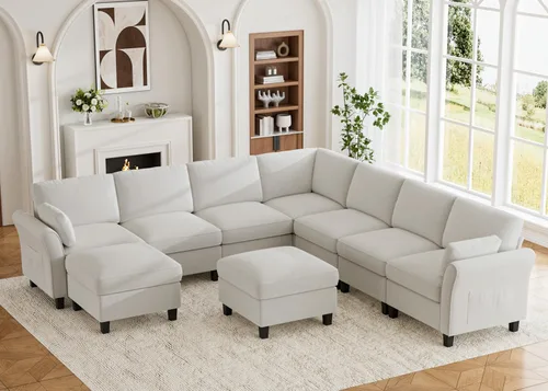 Vista 10 de Legend Vansen Sofá modular seccional, cómodo sofá modular en forma de U de 6 asientos con espacio de almacenamiento y diván, sofás seccionales Crema