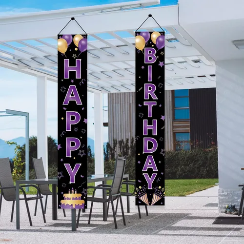 Vista 6 de Cartel de feliz cumpleaños de color morado dorado para mujeres y niñas, letrero de feliz cumpleaños morado, suministros de fiesta, 16, 21, 30, 40