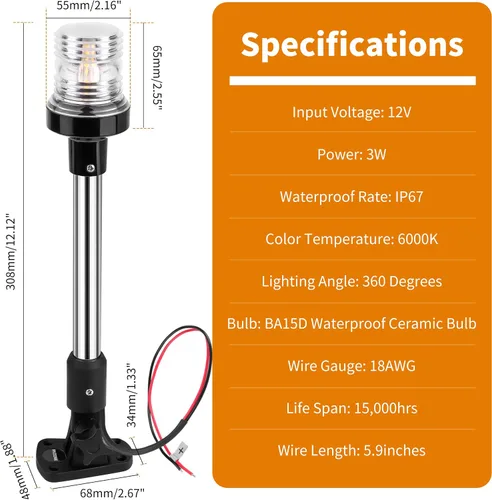 Vista 6 de RVZONE Luces de popa para barcos, 12 pulgadas 180° plegable luz de anclaje IP67 luces de navegación 360° luces LED blancas para barco para pontón