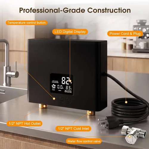 Vista 6 de Calentador de agua eléctrico sin tanque 3000 W 110 V Temperatura constante Calentador de agua caliente instantáneo con control remoto Pantalla Negro