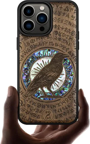 Vista 8 de Carveit Funda magnética de madera de diseñador para iPhone 14 Pro Max, grabado en madera e incrustaciones de concha, funda de madera única