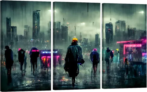 Vista 28 de Lienzo decorativo para pared, diseño de ciudad futurista Cyberpunk para sala de estar, impresión multipanel, obra de arte de cocina, pintura