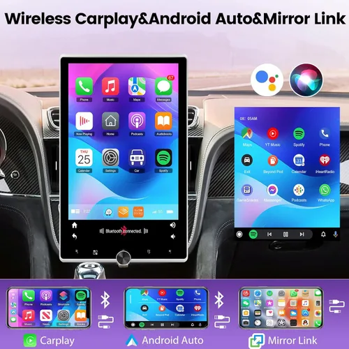 Vista 3 de 2+64G Android Single DIN 10.4 pulgadas Rotación vertical Pantalla táctil Radio de coche con Bluetooth, CarPlay inalámbrico y Android Auto, WiFi