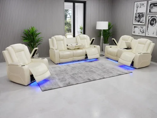 Vista 18 de Sofá reclinable de cuero transpirable con luz LED, sofá modular eléctrico con consola de almacenamiento, soporte para tazas para cine en casa, sala