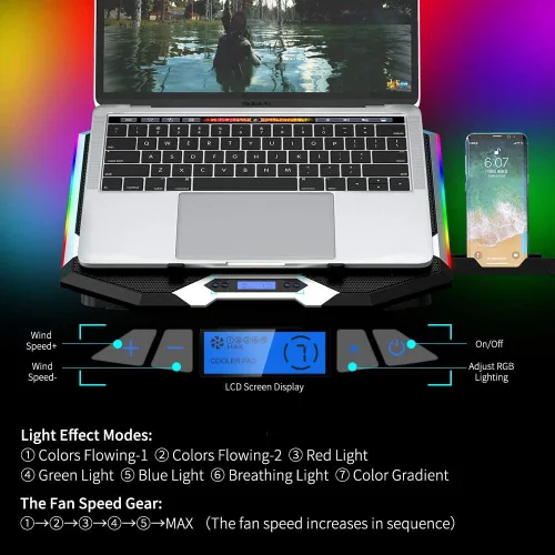 Vista 6 de ICE COOREL Almohadilla de enfriamiento para laptop de juegos de 15-17.3 pulgadas, ventilador para laptop con 6 ventiladores de enfriamiento RGB