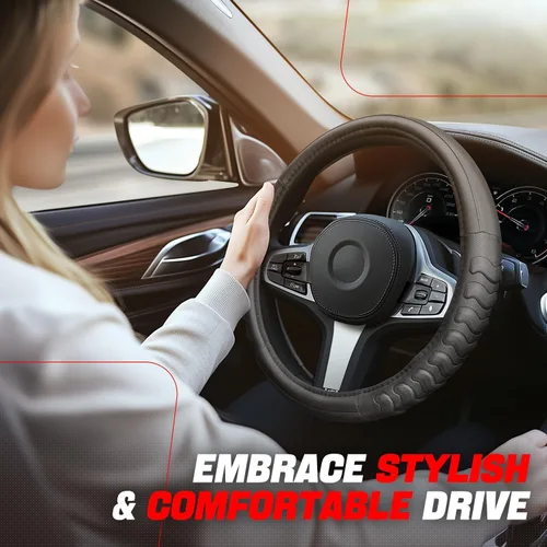Vista 5 de Funda para volante de Auto Dynasty, protector de volante de auto de cuero de microfibra transpirable con patrón de agarre antideslizante, forro