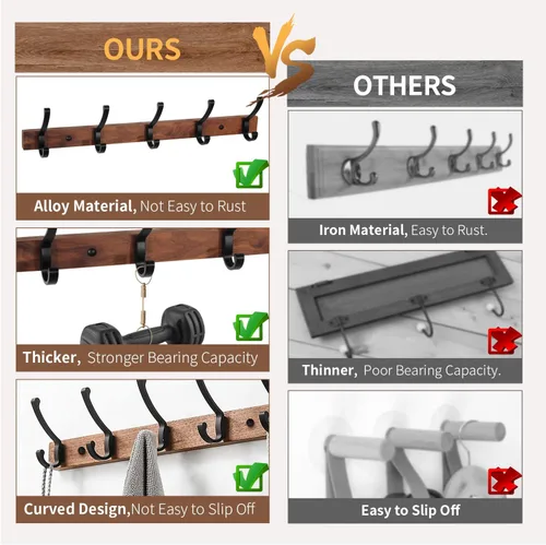 Vista 3 de Perchero de pared montado, estante de gancho de madera de nogal resistente con 5 ganchos dobles de metal para colgar abrigos, colgador de abrigos