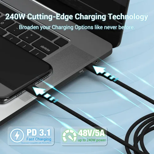 Vista 2 de Cable USB C de 240 W, cable USB C a USB C de 1.6 pies, cable de nailon trenzado de alta elasticidad tipo C 5A, cable de carga rápida compatible