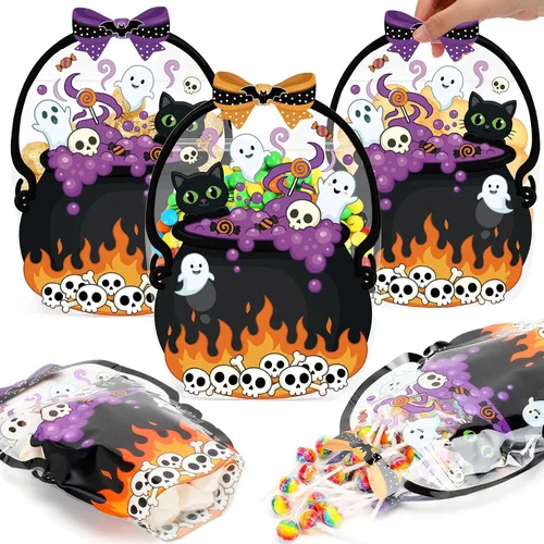 Vista 17 de Fuutreo 50 bolsas de regalo de Halloween con asas, plástico de esqueleto