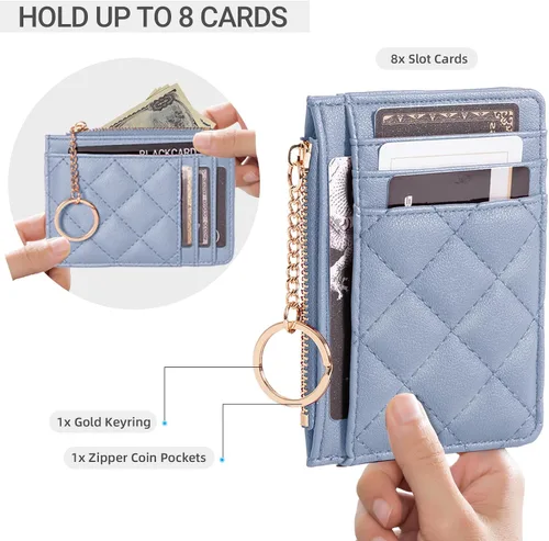 Vista 6 de Soporte para tarjetas de crédito, cartera delgada con llavero con bolsillo frontal para monedas, bolsillo frontal pequeño para mujer, color azul