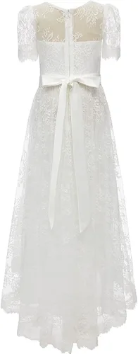 Vista 4 de Una línea de encaje marfil manga larga vestido de niña de las flores Boho rústico vestidos de primera comunión