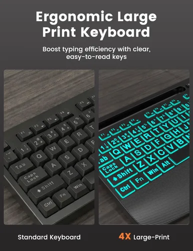 Vista 2 de Combo de teclado y mouse con cable, retroiluminación de impresión grande, reposamuñecas ergonómico, 6 DPI RGB para PC/Windows, ideal para personas