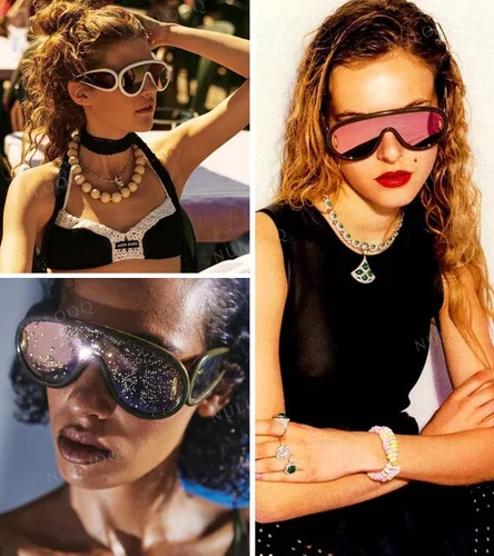 Vista 3 de NULOOQ Gafas de sol de moda con máscara ondulada para mujeres y hombres, de gran tamaño, color plateado, con escudo futurista, estilo de diseñador