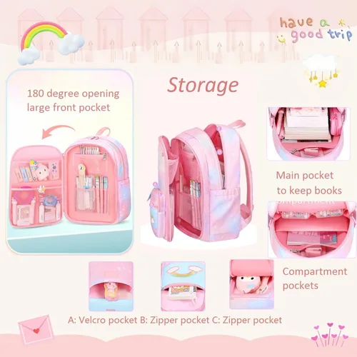 Vista 5 de Mochila infantil con diseño de arcoíris degradado para niñas, escuela primaria, con estampado de corazón, mochila escolar con compartimentos