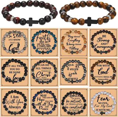 Vista 8 de Cunno Juego de 12 Pulseras de Cruz Cristiana al Por Mayor, Pulseras de Cuentas de Cruz Religiosa para Mujeres y Hombres, 12 Cosas de Cuentas