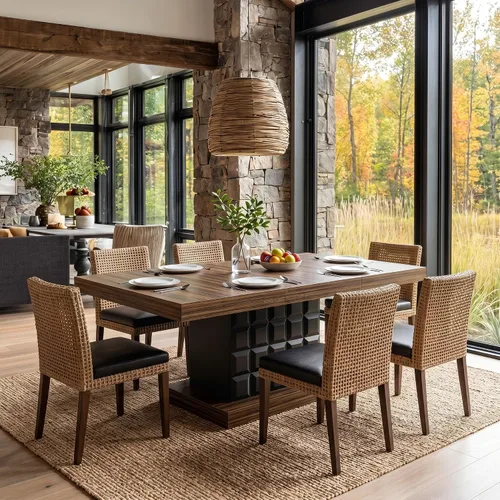 Vista 6 de Tribesigns Mesa de comedor de 63 pulgadas para 4-6, mesa rectangular de madera de granja con relieve geométrico, base de pedestal (café y negro)