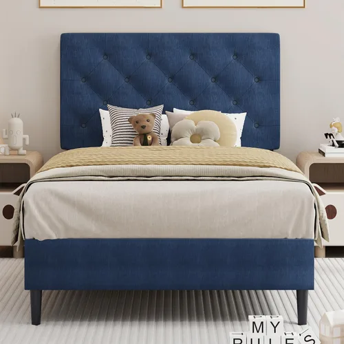 Vista 16 de BarnFurin Marco de cama tamaño completo con cabecero, cama de plataforma tapizada con cabecera acolchada con botones ajustables, marco de cama