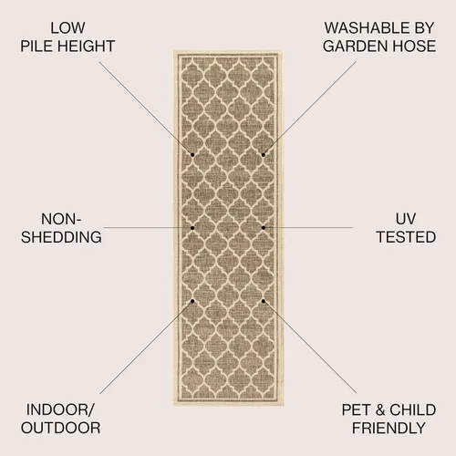Vista 2 de JONATHAN Y Tapete marroquí con diseño enrejado para interiores y exteriores, 2 x 8 pies, marrón/beige, tejido texturizado de trébol para patio